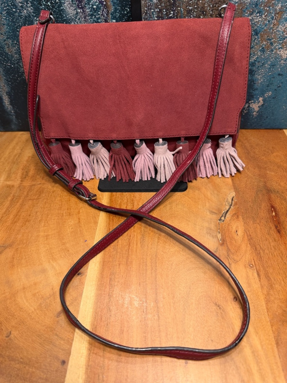 Rebecca Minkoff Boho Finn Tassel Suede Leather Crossbody Clutch Burgundy (GUC) - Picture 8 of 17